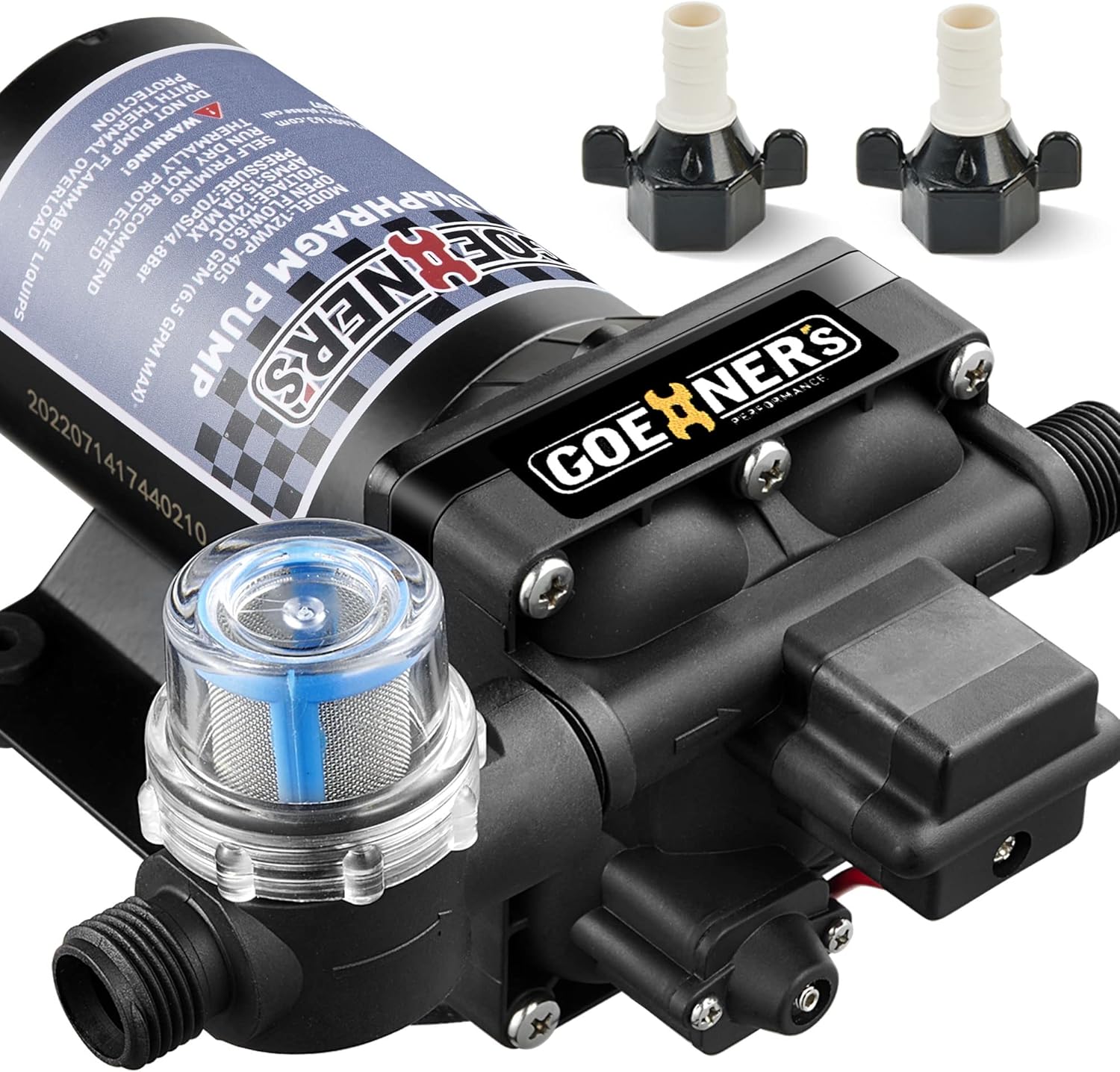 [Upgraded Version] RV Fresh Water Pump, 12V DC 6GPM 70PSI Self-Priming Diaphragm with Pressure Switch and Strainer for RV, Marine, Yacht, Caravan shown on a plain background