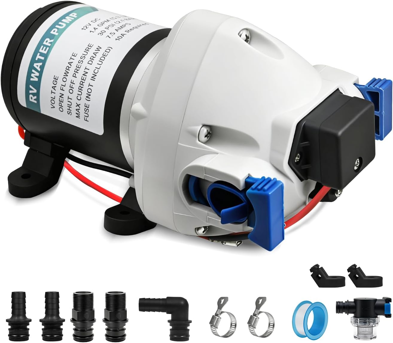 12V DC Self-Priming Diaphragm Water Pump, 1.4 GPM 30 PSI with Strainer, Automatic Pressure Switch Control, Ideal Ventilation Alternative for RV, Marine, Campervan and Garden Irrigation shown on a plain background