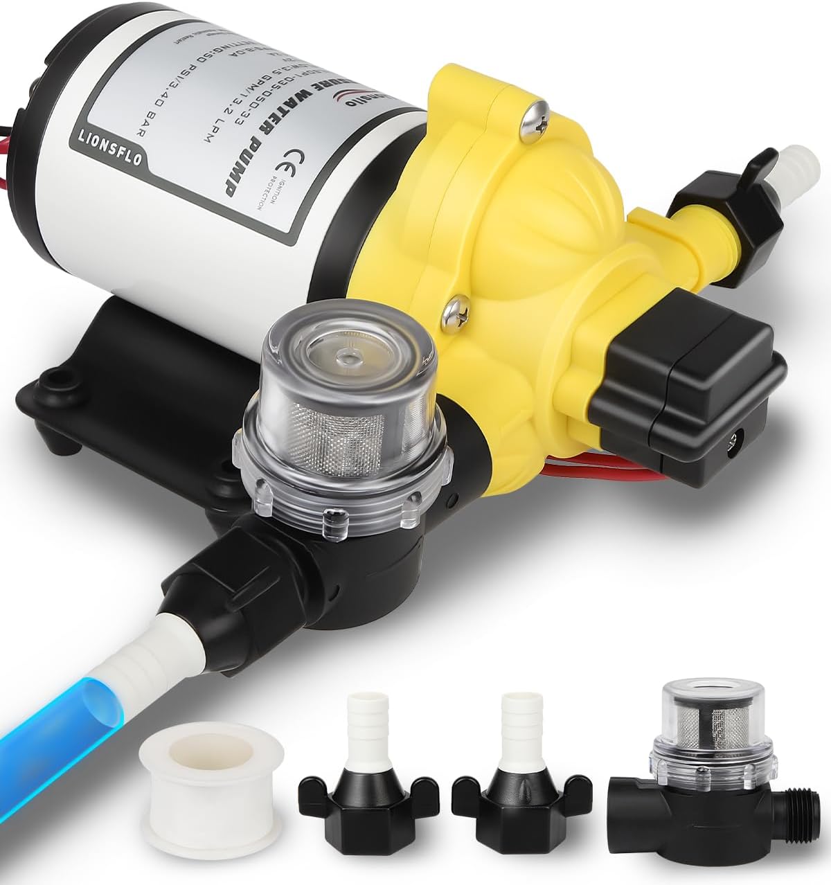 Rv Water Pump 12V DC 3.5GPM 50PSI On Demand Diaphragm Self Priming with Pressure Switch for Caravan, RV, Marine, Camper, Yacht, Garden, Agriculture Applications shown on a plain background