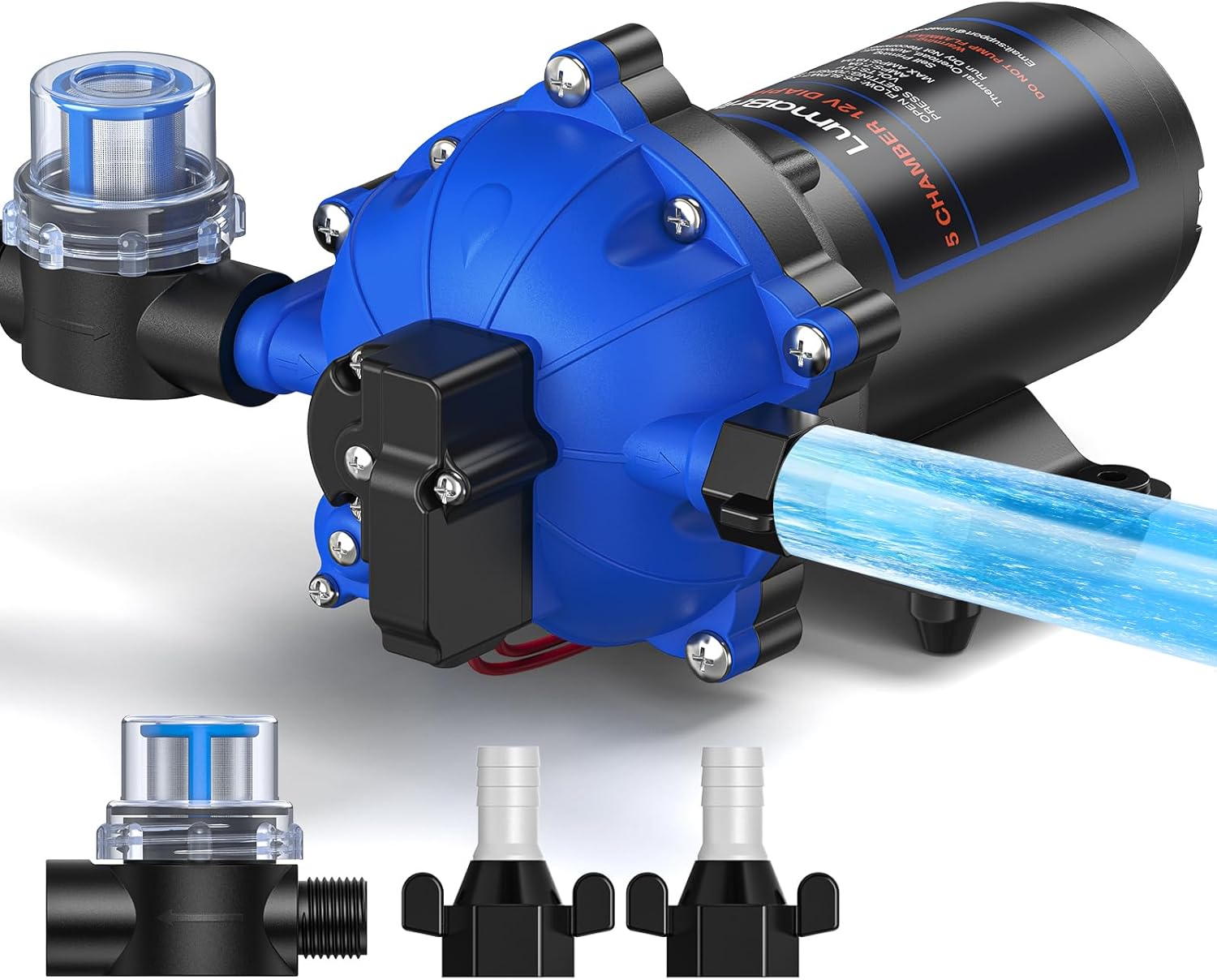 12V DC Water Pump, 7.0GPM 70PSI RV Fresh Caravan Water Pump Five Chamber Self-Priming Diaphragm Pump with Heavy Duty Pressure Switch and Strainer for RV, Marine, Yacht, Caravan shown on a plain background