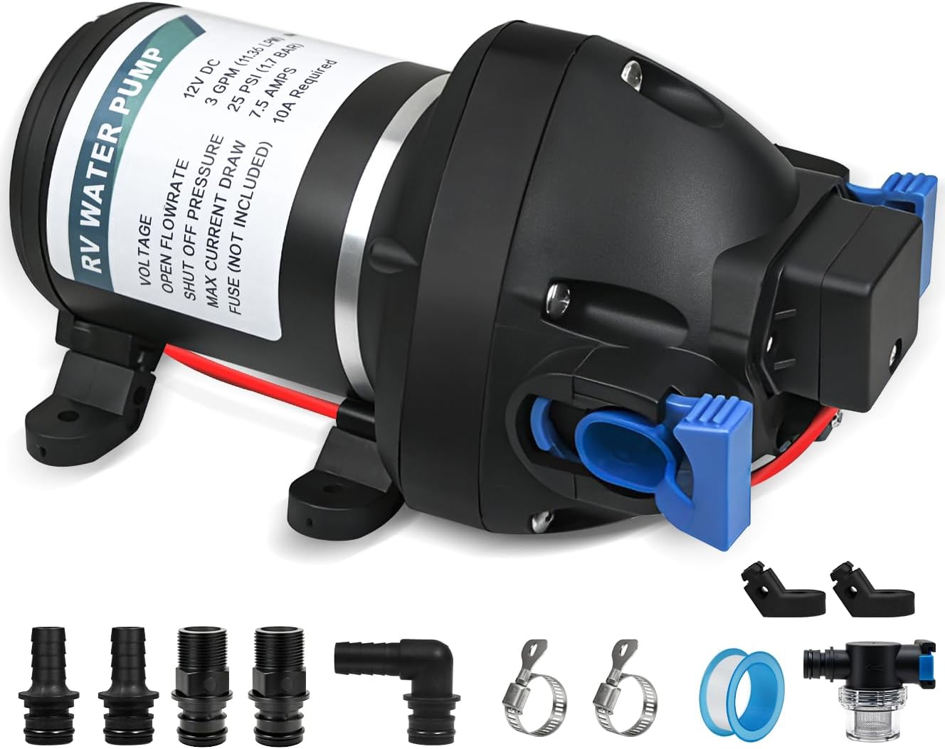 12V DC Self-Priming Diaphragm Water Pump, 3 GPM 25 PSI with Strainer, Automatic Pressure Switch Control, Ideal Ventilation Alternative for RV, Marine, Campervan and Garden Irrigation shown on a plain background
