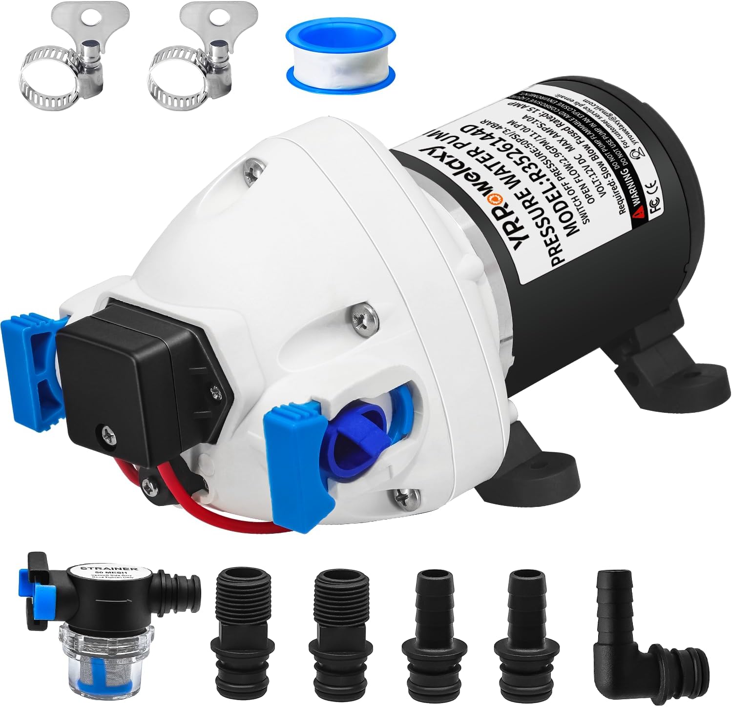 Upgraded R3526144D RV Water Pump | 12V 3.0 GPM 50 PSI | Self-Priming Diaphragm Pump | Quiet Operation | Thermal Protection & Dry Run | with Filter and Quick Connect Connections shown on a plain background