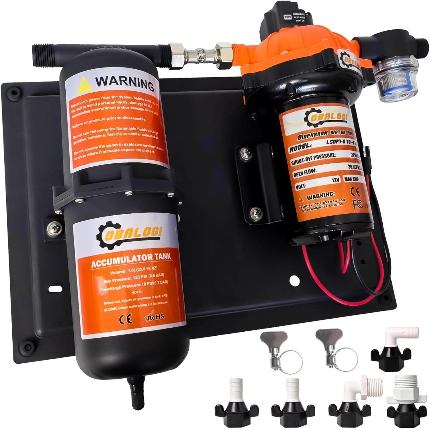 12V DC RV Fresh Water Pump, 7.0GPM 75PSI, Five Chamber Self-Priming Diaphragm Pump, with 1L Pressure Tank shown on a plain background