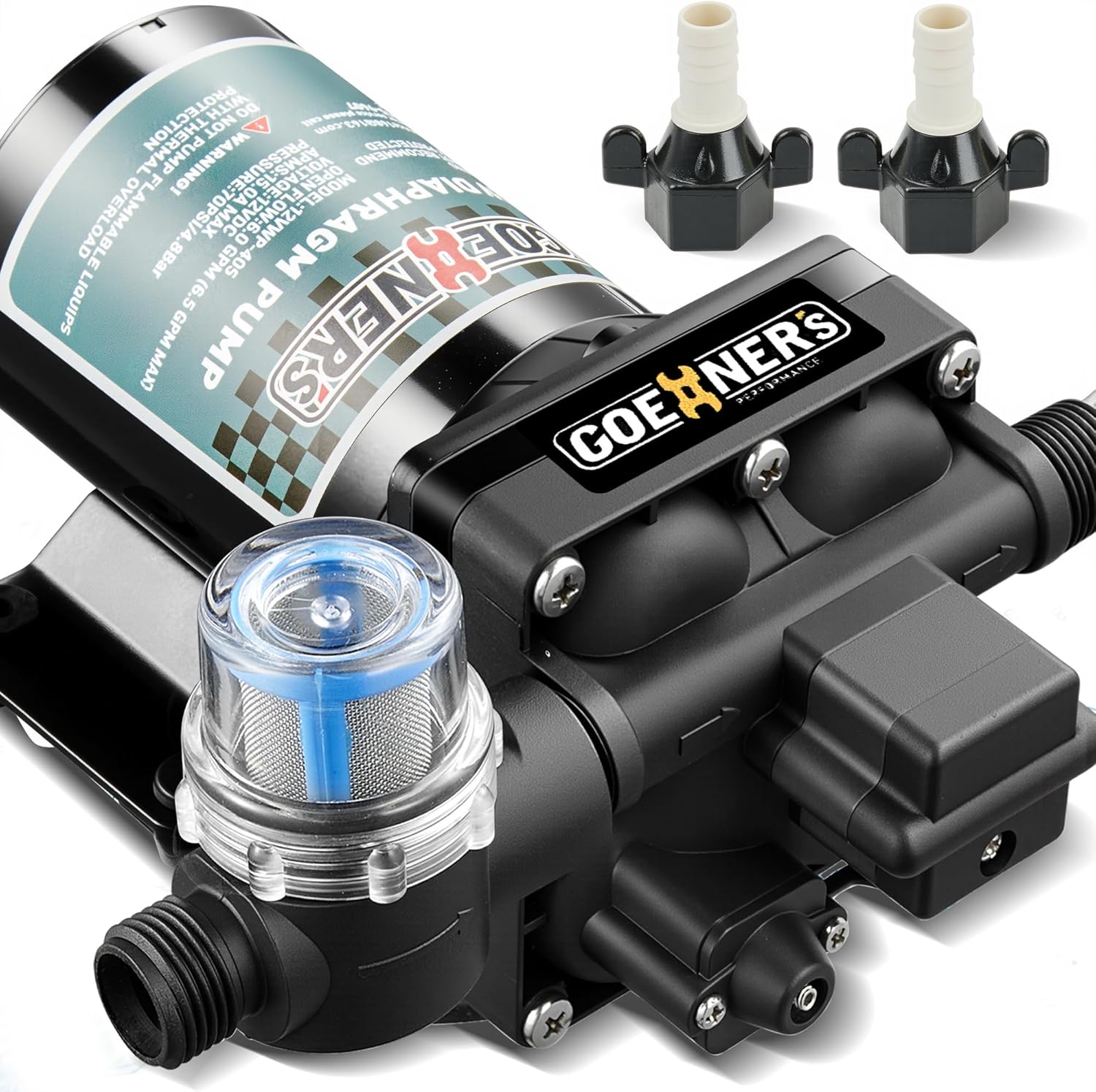 [Upgraded Version] RV Fresh Water Pump, 12V DC Water Pump, 6GPM 70PSI Self-Priming Diaphragm Pump with Pressure Switch and Strainer for RV, Marine, Yacht, Caravan shown on a plain background