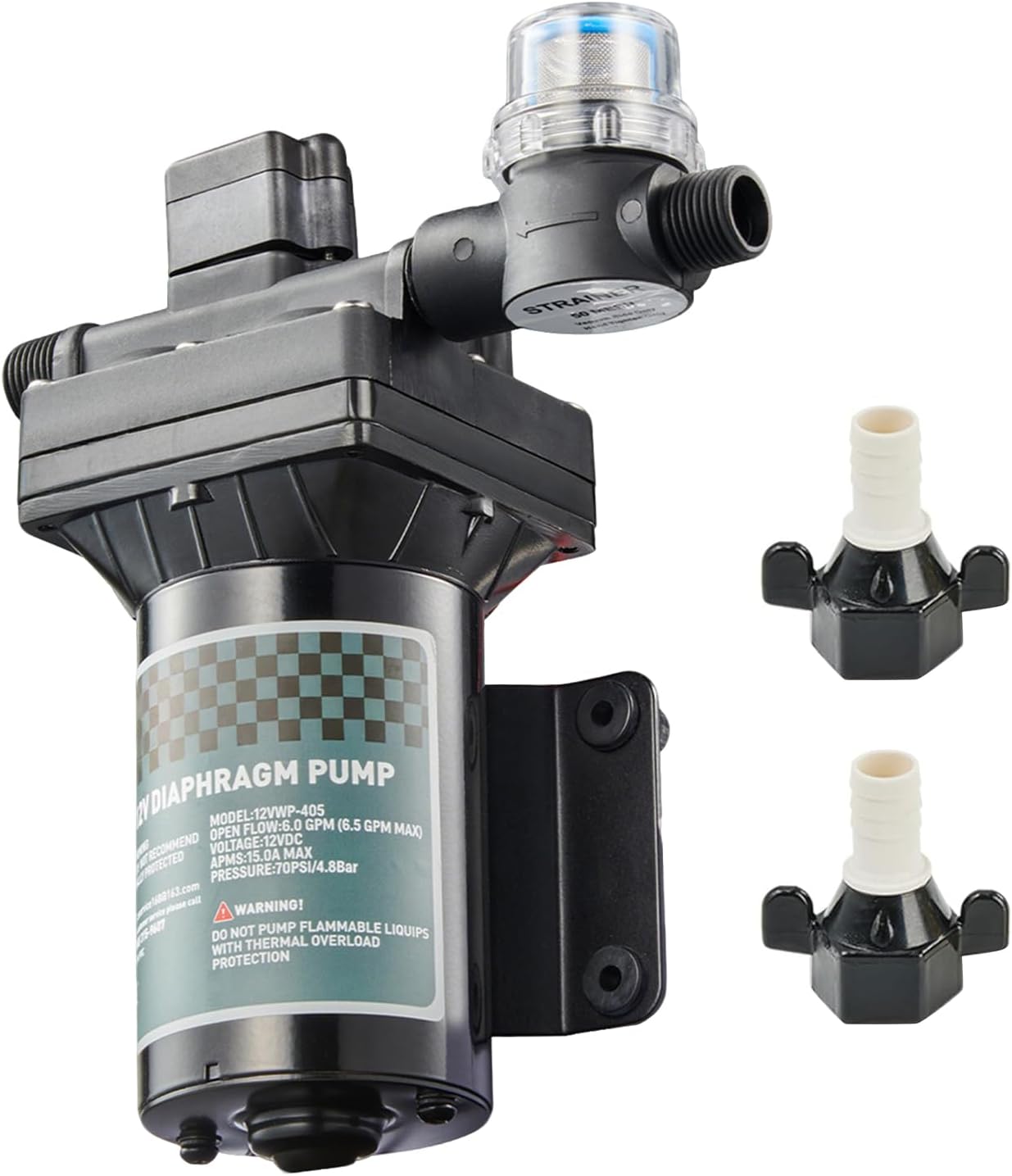 12V RV Fresh Water Pump, 6GPM 70PSI Four Chamber Self-Priming Diaphragm Pump with Heavy Duty Pressure Switch and Strainer for RV, Marine, Yacht, Caravan shown on a plain background