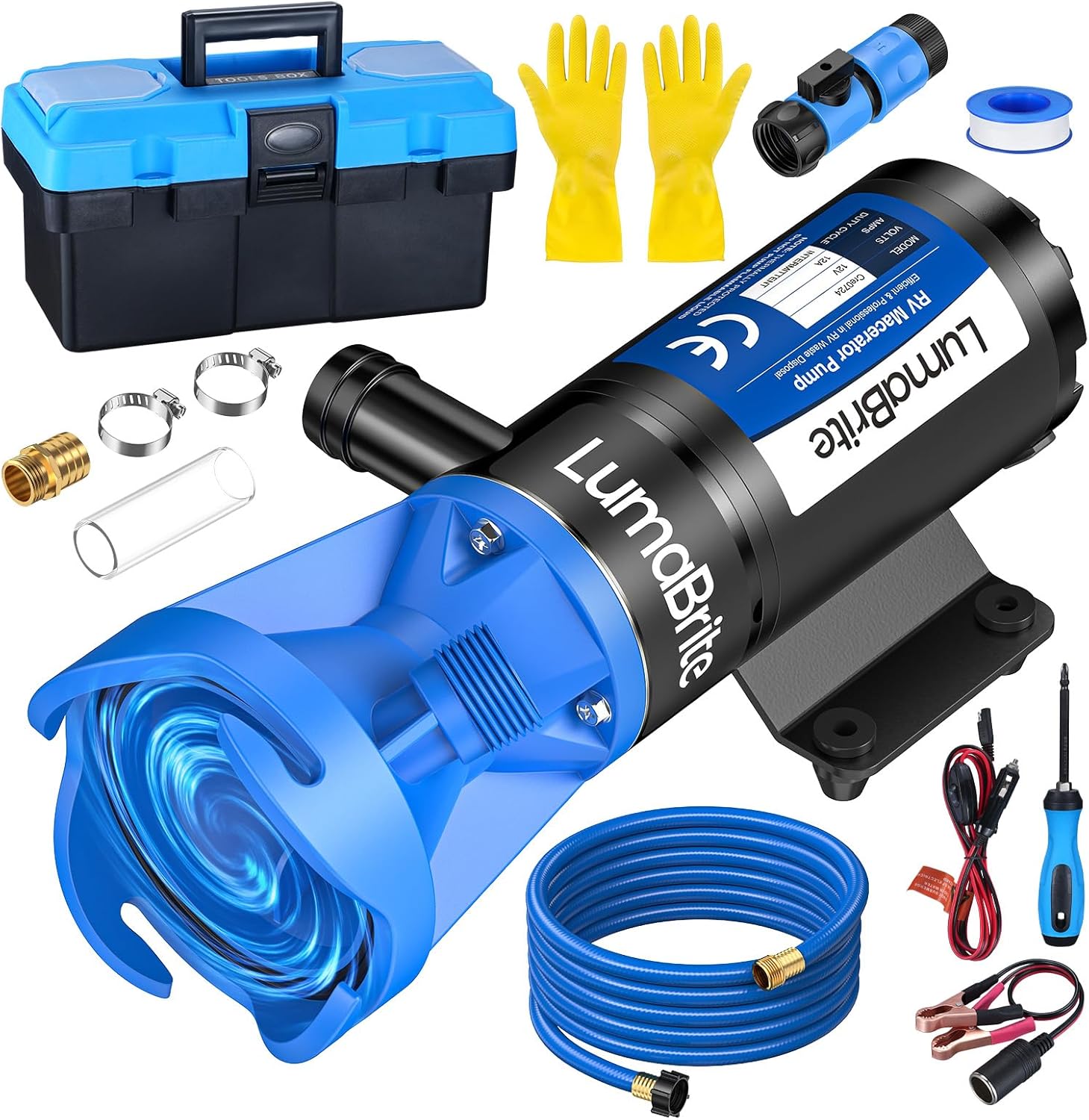 12V Macerator Pump for RV, Macerator Pump System for Caravans Self-Priming & Portable 12GPM 10FT Lift Fast 4-Minute Empty for RV & Boat Tanks, Full Protection Kit Storage Box & Hose Included shown on a plain background