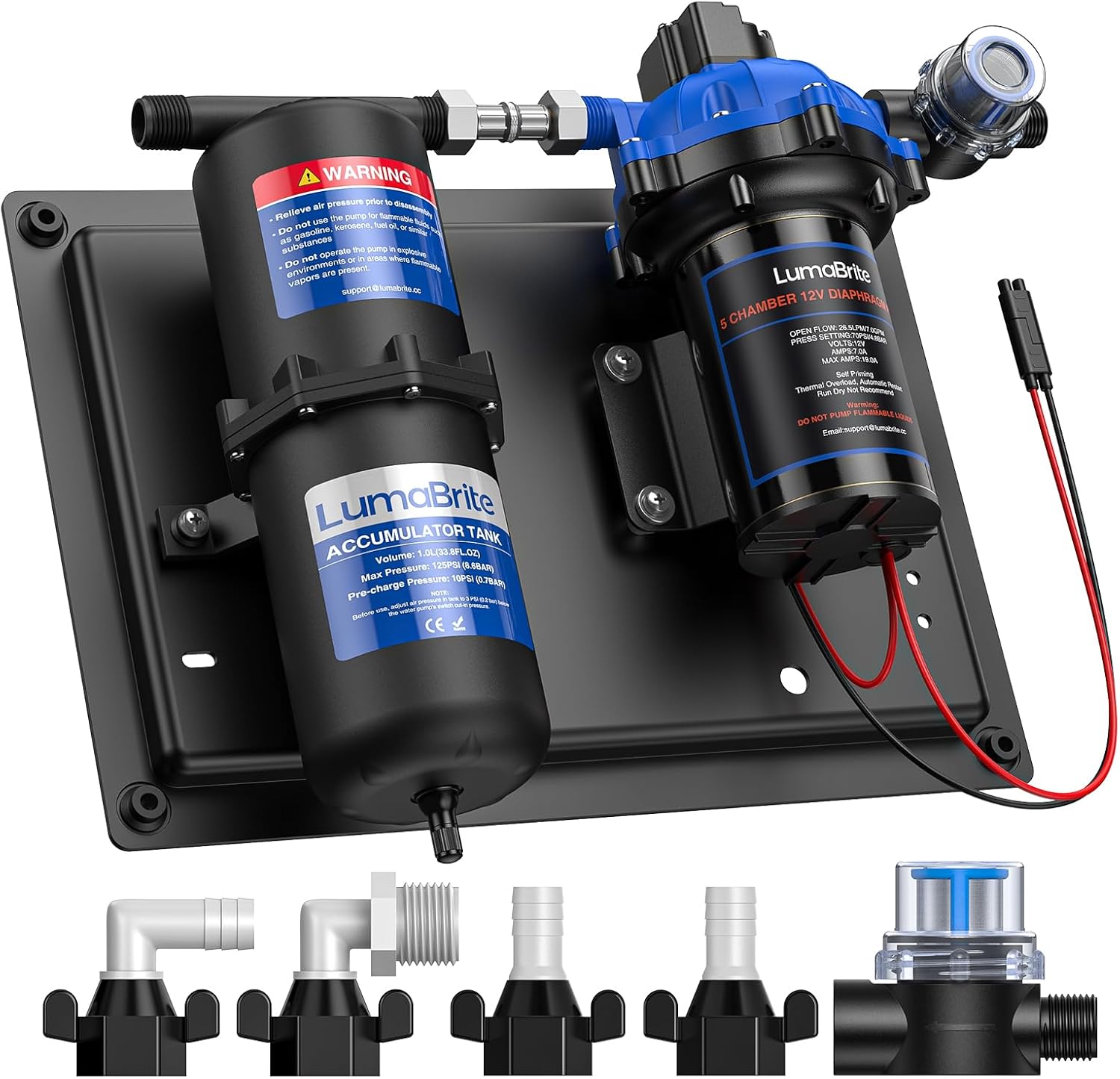 Water Pump and Accumulator Tank System, 12V Caravan Water Pump 7GPM 70PSI Self-Priming & 1L 125PSI Pre-Pressurized Accumulator Tank for Boat, Campervans, RV, Motorhome shown on a plain background
