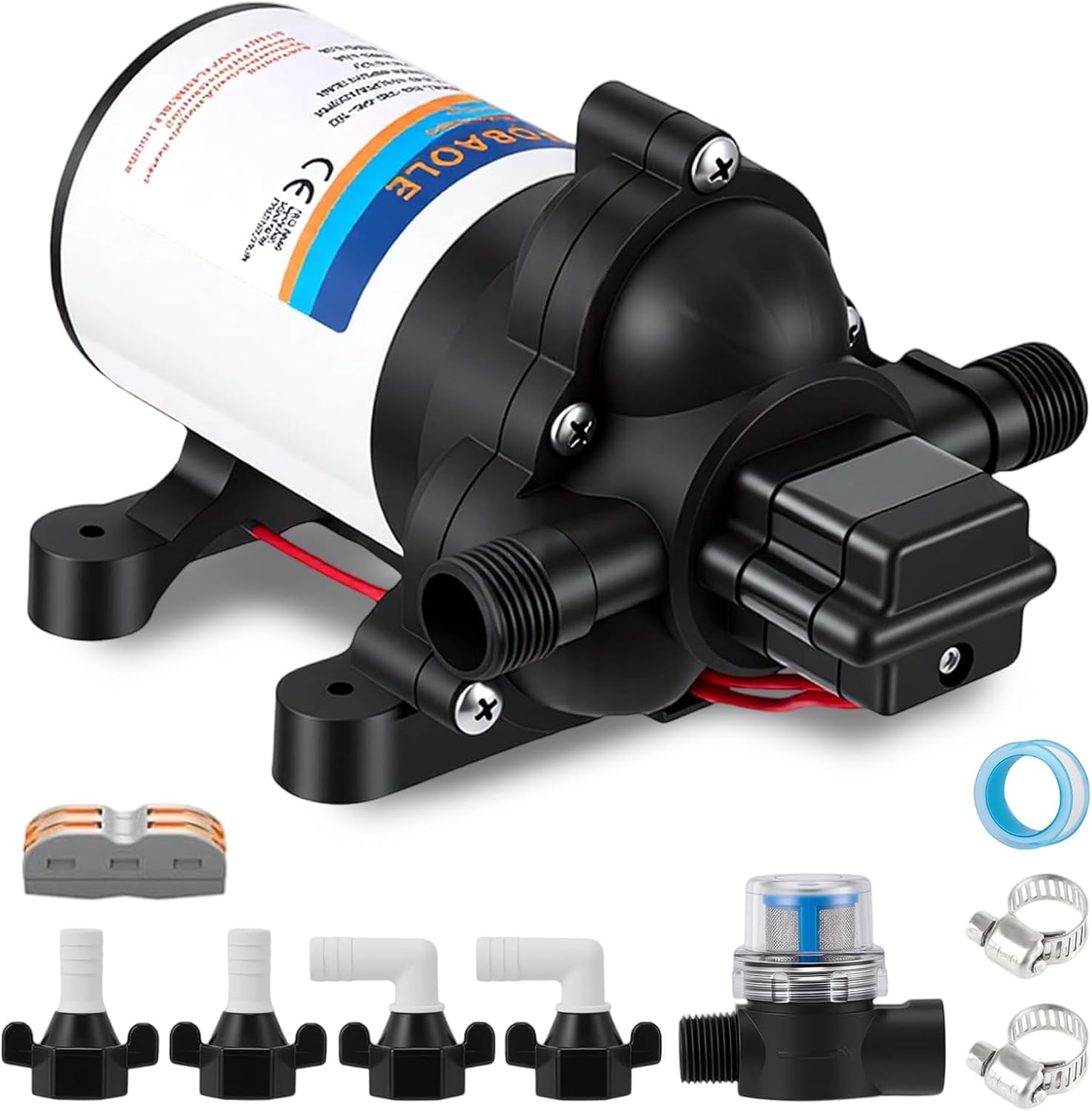 12V Caravan Water Pump, 3.0GPM 50PSI Self-Priming Diaphragm Pump, DC Water Pump with Heavy Duty Pressure Switch and Connector for RV Marine Campervan Agricultural Garden shown on a plain background