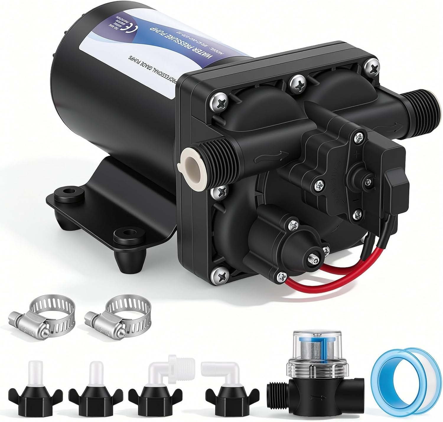 Caravan Water Pump 12V 6.0GPM 70PSI, Self Priming RV Diaphragm Pump with Heavy Duty Pressure Switch and Strainer, 12V DC Water Pump for RV, Boat, Marine, Yacht, Garden and Irrigation shown on a plain background