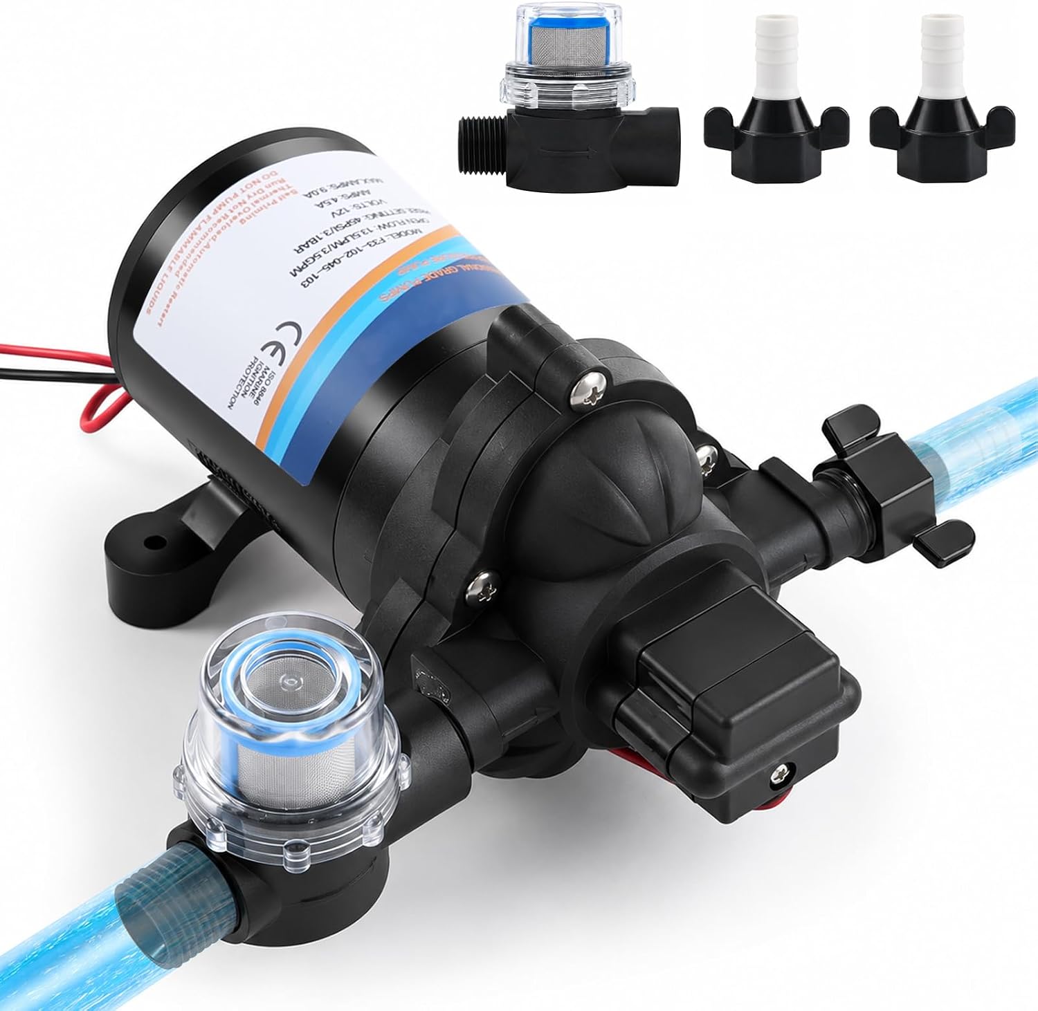 Caravan Water Pump 12V 3.5GPM 45PSI RV Self-Priming Diaphragm Water Pump with Heavy Duty Pressure Switch and Strainer for Caravan, Marine, Yacht, RV shown on a plain background