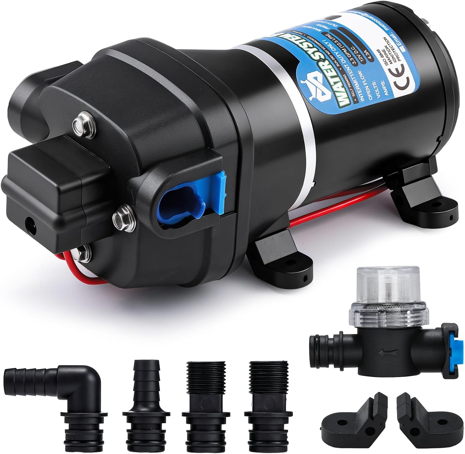 Mxmoonant 12V DC Automatic Water Pump, Booster Diaphragm Pump, 35Psi, 2.4Bar, 95W, 12.5Lpm, Self Priming, Overload Protection, Low Noise, for Caravan, Boat, Wash, Spray, Garden Irrigation shown on a plain background