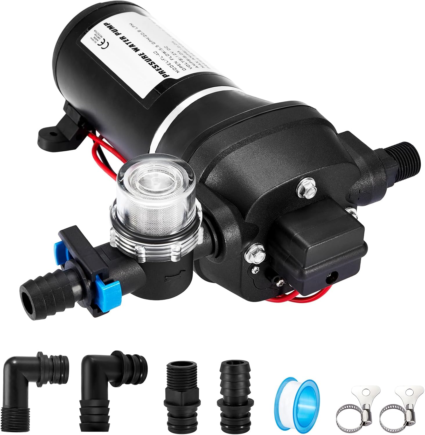 Pindex DC 12V High Pressure Diaphragm Water Pump 40 PSI 2.8 Bar 20.8 L/min, Self Priming Boat Water Pressure Diaphragm Pump, for Campervan Motorhome, Boat Caravan Garden Camp Flushing shown on a plain background