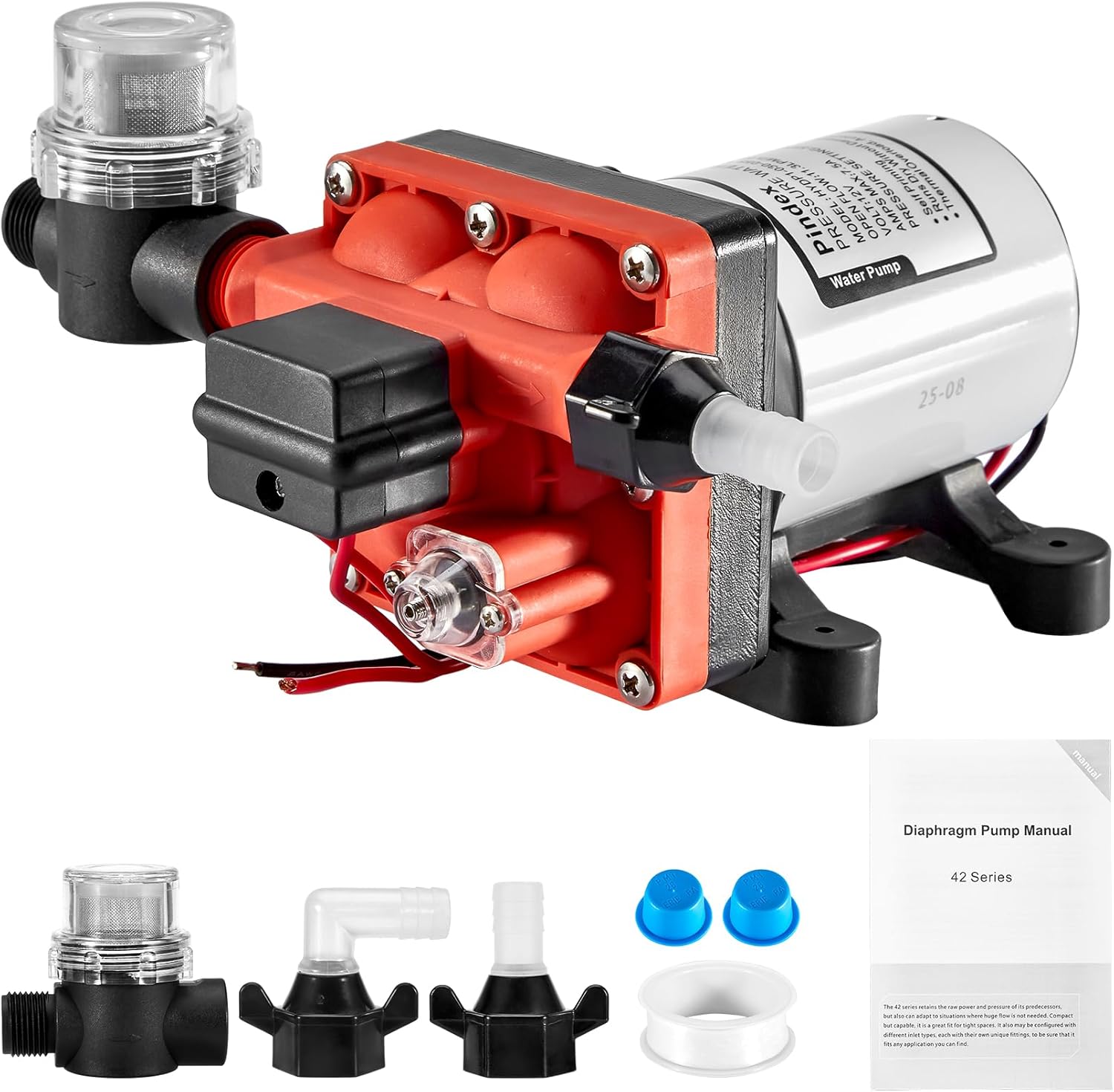 Pindex 12V Chamber RV Fresh Water Pressure Pump with Pressure Switch 11.3 L, 3 GPM 55 PSI 3.8 Bar, 4 Chamber Automatic Self Priming Diaphragm Water Pump, for Motorhome Caravan RV Boat Yacht shown on a plain background