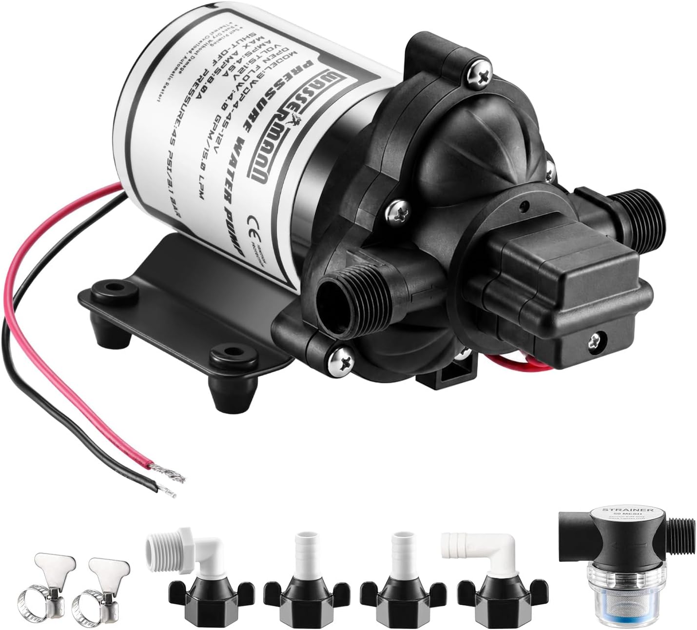 WASSERMANN RV Pump, 12V Self-Priming RV Water Pressure Pump 4.0GPM 45PSI with Pressure Switch, for RV Marine Camping Yacht Garden, 2088-554-144 Replacement shown on a plain background