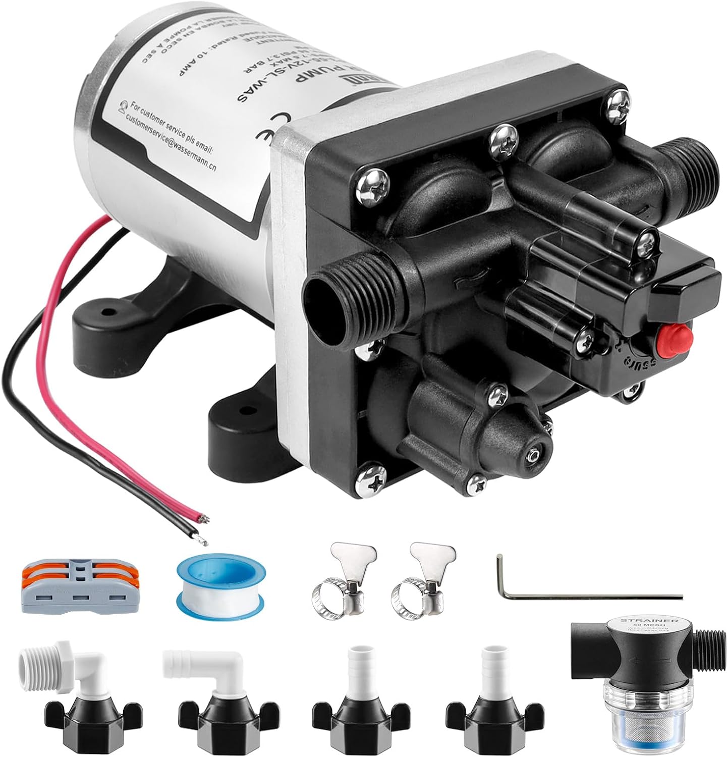WASSERMANN - RV Water Pump 12V DC 4008-101-A65/E65 Replacement, 3.0 GPM 55 PSI, Quiet Pump with Pressure Switch for RV Shower Garden Industrial Sprayer shown on a plain background